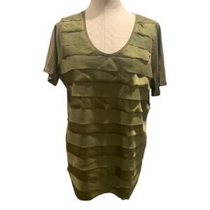 1X Preswick & Moore Womens New Satin Ruffle Front Tshirt Olive Green